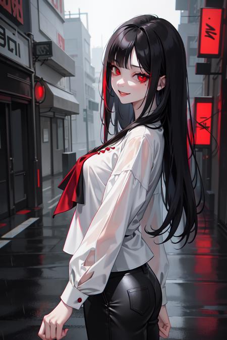 03211-3923254841-masterpiece, best quality,_(1girl), (vampire_0.7), (smile), red eyes, long silky black hair,_(white blouse_1.3), (loose trousers.png